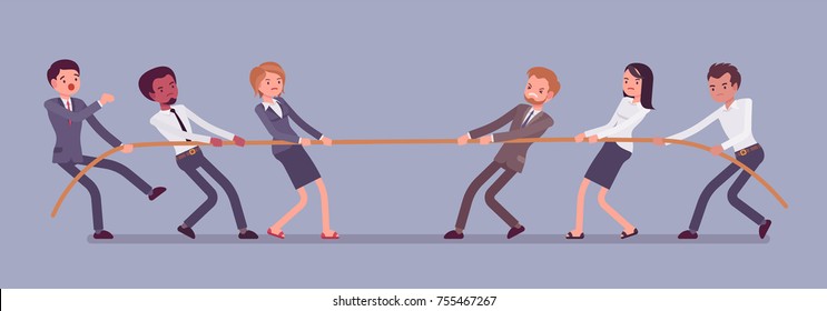 Tug of war. Teams pulling on opposite ends of a rope against each other, struggle for corporate supremacy or market control. Vector flat style cartoon business concept illustration