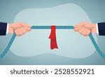 Tug of war, two businessman pulling a rope in opposite directions. Business competition and negotiations.