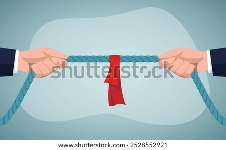 Tug of war, two businessman pulling a rope in opposite directions. Business competition and negotiations.