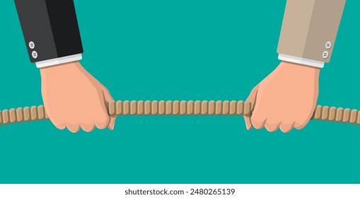 Tug of war. Two businessmen pulling rope against each other. Business target, rivalry, competition, conflict. Achievement, goal and success. Vector illustration in flat style