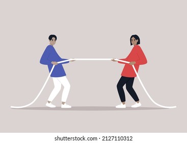 Tug of war, two characters pulling a rope in opposite directions