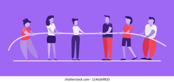 Tug of war. Two teams are struggling with each other. Confrontation between men and women. Teams pull the rope each to themselves. Teamwork, man vs woman concept. Modern flat vector illustration.