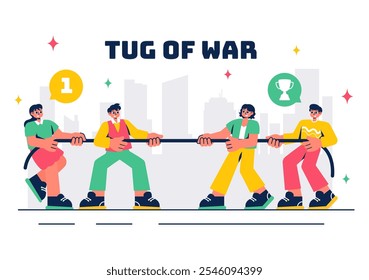 Rebocador de ilustração de vetor de guerra com pessoas puxando extremidades opostas de uma corda em um desafio de negócios ou outros cenários competitivos em um fundo