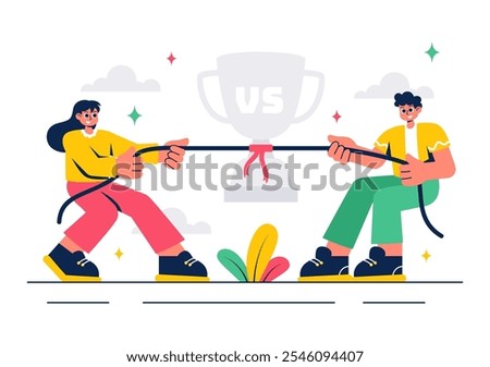 Tug of War Vector Illustration featuring People Pulling Opposite Ends of a Rope in a Business Challenge or Other Competitive Scenarios in a Background