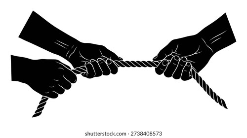Tug of war vector illustration in flat design. Hands pulling rope in competitive game activity. Rival challenge and strength.