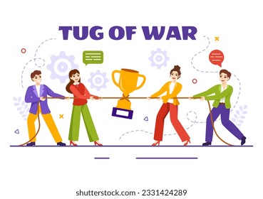 Ilustración de vectores de guerra con personas que rompen extremos opuestos de la competencia empresarial en caricatura plana dibujando plantillas de fondo