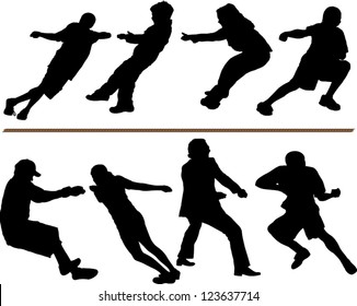 Tug of war vector silhouettes. Adults, children and rope. Layered - each silhouettes is on a separate layer. Fully editable.