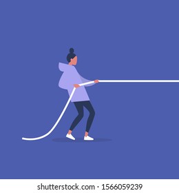 Tug of war, young female character pulling a rope, conceptual illustration