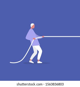 Tug of war, young male character pulling a rope, conceptual illustration