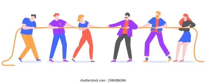 Tug of war. Young people pull the rope, opposite teams at rope pulling competition. Corporate competitions and active tug game vector isolated illustration. Competitors struggling, employees conflict
