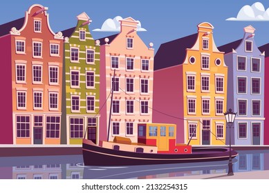 Tugboat In Amsterdam Canal Vintage Cityscape Vector Illustration