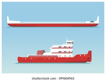 Tugboat And Barge. Vector Illustration. EPS 10, Opacity