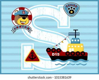 Tugboat cartoon vector with funny bear sailor on rope background, sailing elements illustration