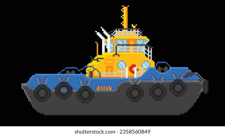 A Tugboat designed in 8 bit pixel. a Ship Pixel art illustration.