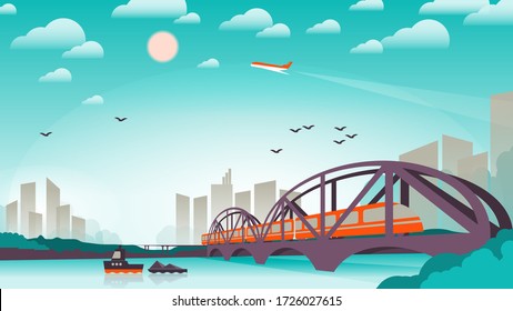 The Tugboat Is Floating On The River, The Train Is Traveling Along The Bridge, The Plane Is Flying In The Sky With The Sun, Clouds And Bird Silhouettes. Urban Landscape. Vector
