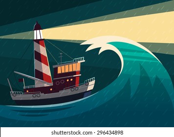 Tugboat with lighthouse on it during the storm. Vector illustration.