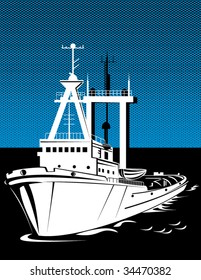 Tugboat on blue background with halftone screen