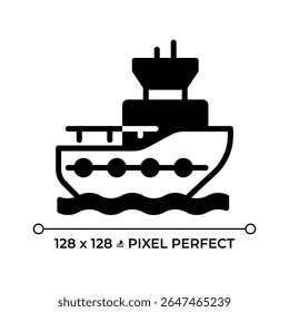 Ícone sólido do glifo perfeito do pixel do rebocador. Embarcação marítima destinada a manobrar navios. Transporte marítimo. Cabo Harbour. Símbolo de silhueta preta no espaço negativo. Ilustração isolada de vetor
