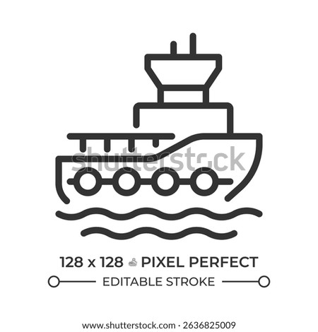 Tugboat pixel perfect line icon. Marine vessel designed to maneuver ships. Maritime transport. Harbor tug. Isolated vector illustration. Outline symbol. Simple linear drawing. Editable stroke