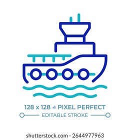 O pixel de rebocador perfeito ícone de linha de duas cores. Embarcação destinada a manobrar navios. Transporte marítimo. Símbolo de contorno bicolor de rebocador de porto. Pictograma linear duotônico. Ilustração isolada. Traçado editável