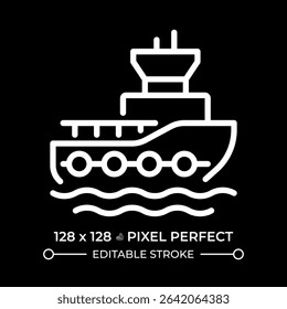 Tugboat pixel perfect white line icon in negative space. Marine vessel designed to maneuver ships. Maritime transport. Harbor tug. Monochrome linear symbol on black background. Editable stroke