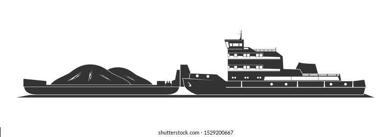 Tugboat pushing barges. Vector illustration.