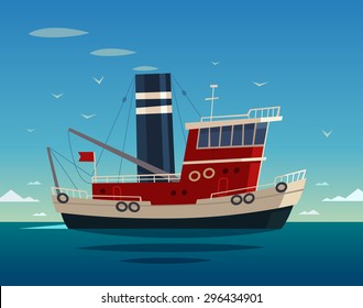Tugboat at sea. Vector illustration.