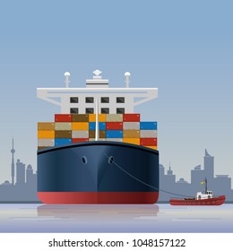 Tugboat towing a container ship on a city panorama background. Vector illustration