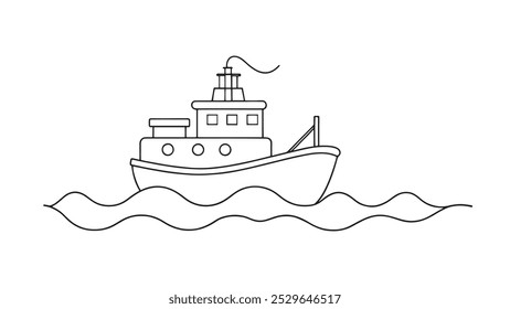 Tugboat Train Water Transport isolated continuous line art flat vector illustration on white background.