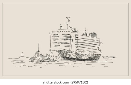 Tugboat or tug  pulling cargo container ship, in hand drawn sketch vintage style, for freight, seafaring, and trade commerce business  design