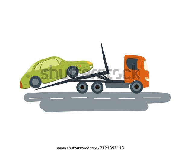 A
tugboat with a wrecked car.
Towing service with a loaded old
damaged car that stopped working. Vector
illustration.