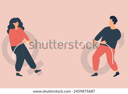 Tug-of-war between a couple conflicting interests and rights. Struggle between a man and a woman for gender equality. Husband and wife are pulling rope to see who will control in their relationship