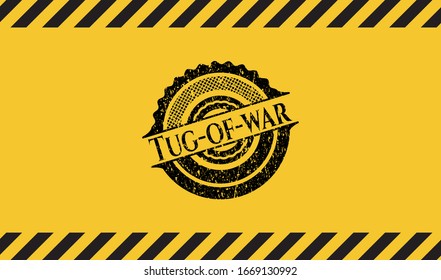 Tug-of-war black grunge emblem inside yellow warning sign. Vector Illustration. Detailed.