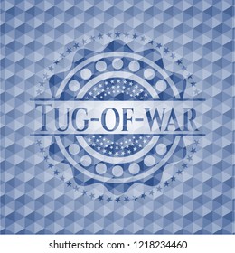 Tug-of-war blue emblem with geometric background.