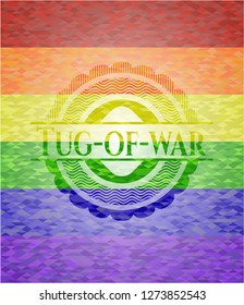 Tug-of-war emblem on mosaic background with the colors of the LGBT flag