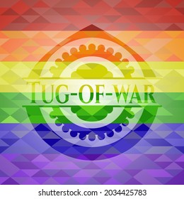 Emblema de tira y afloja sobre fondo de mosaico con los colores de la bandera LGBT. 
