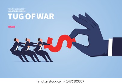 Tug-of-war, three businessmen pulled the dollar from the hands of the giant