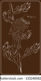 Tui bird, New Zealand native bird with vintage style border