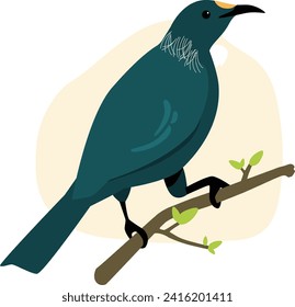 Tui Tūī Native Bird Aotearoa New Zealand Cute Flat Illustration