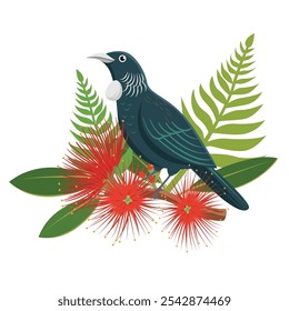 A tui, a native bird of New Zealand, perched on a branch with red pohutukawa flowers and green leaves.