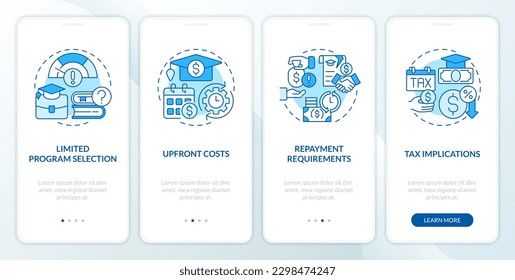 Tuition assistance cons blue onboarding mobile app screen. Walkthrough 4 steps editable graphic instructions with linear concepts. UI, UX, GUI template. Myriad Pro-Bold, Regular fonts used