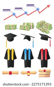 Vektorgrafiken-Set mit Vektorgrafik-Gebühr. Diagramm der steigenden Preise, Pfähle des Geldes, Diplome, Graduierungsmäntel und -kappen einzeln auf weißem Hintergrund. Steigende Inflation, Krise, Bildungskonzept