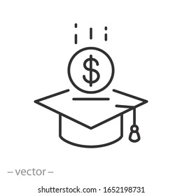 Tuition fee or scholarship icon, loan on education, value academy grad, money with graduate hat, thin line web symbol on white background - editable stroke vector illustration eps10