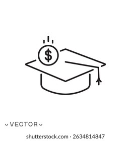 tuition fee or scholarship icon, loan on education concept, thin line symbol isolated on white background, editable stroke eps 10 vector illustration
