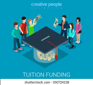 Tuition fee web crowd funding platform volunteer concept flat 3d isometric infographic. Group of donors putting money into box shaped graduate cap. Crowd funding process. Creative people collection.