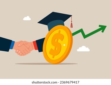 Tuition fees, scholarship. Big dollar coin wearing academic graduation mortarboard hat. Vector illustration