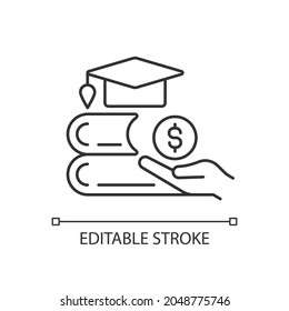 Tuition reimbursement linear icon. Compensation for education classes. Employee benefit. Thin line customizable illustration. Contour symbol. Vector isolated outline drawing. Editable stroke