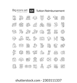 Tuition reimbursement linear icons set. Financial assistance. Employee development. University graduation. Customizable thin line symbols. Isolated vector outline illustrations. Editable stroke