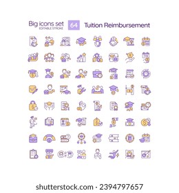 Tuition reimbursement RGB color icons set. Financial aid. Employee benefit. College education. Student loan. Isolated vector illustrations. Simple filled line drawings collection. Editable stroke