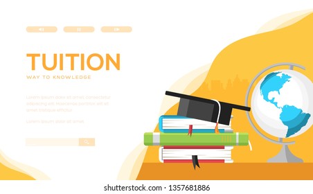 Tuition vector landing page template. Individual lessons web banner design. Online education, e-learning website homepage. Bachelor, Master degree illustration. Teacher, tutor, coach services